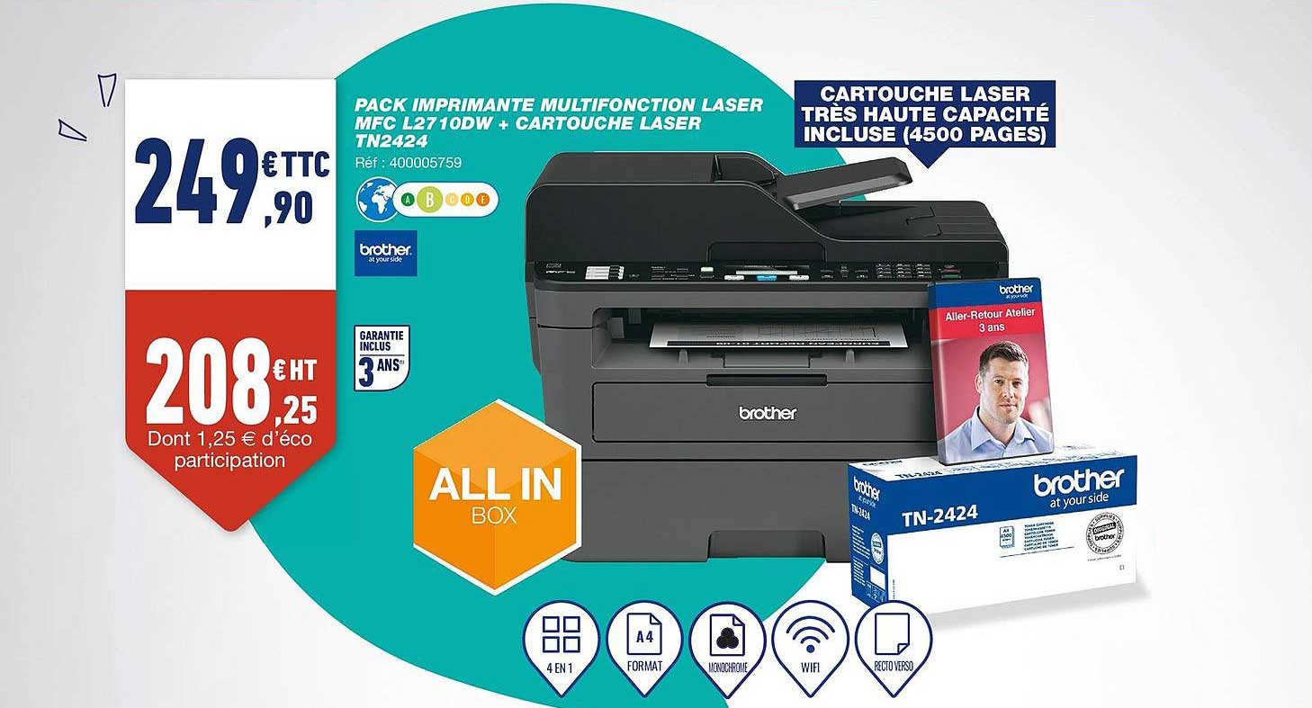 pack imprimante multifonction laser mfc l2710dw + cartouche laser tn2424 brother at your side