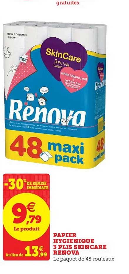 papier hygiénique 3 plis skincare renova -30% de remise immédiate