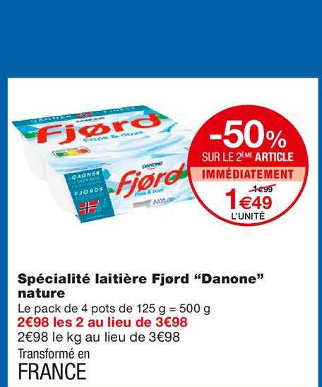 Spécialité Laitière Fjord "danone" Nature -50% Sur Le 2ème Article Immédiatement