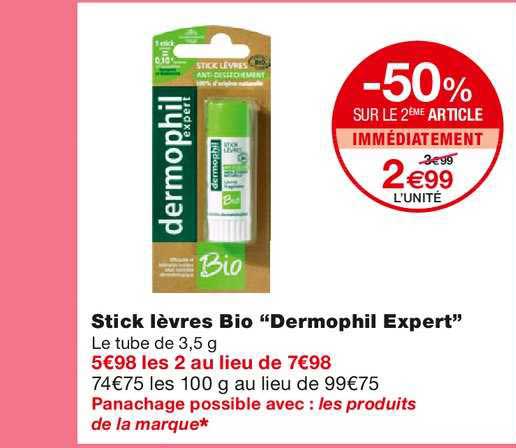 stick lèvres bio "dermophil expert" -50% sur le 2ème article immédiatement