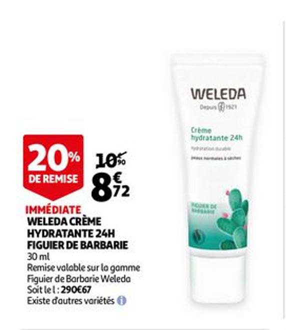 weleda crème hydratante 24h figuier de barbarie 20% de remise immédiate