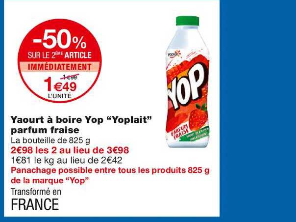 yaourt à boire yop "yoplait" parfum fraise -50% sur le 2ème article immédiatement