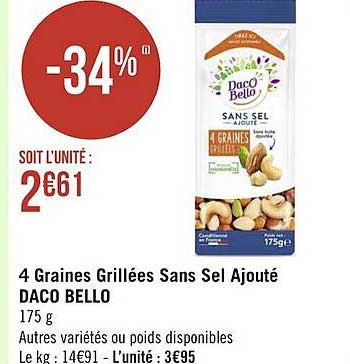 4 graines grillées sans sel ajouté daco bello