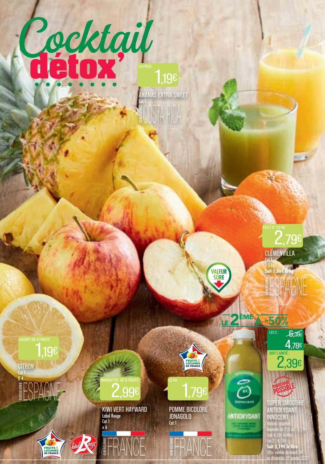 ananas extra sweet, kiwi vert hayward, pomme bicolore jonagold, clémenvilla, super smoothie antioxidant innocent