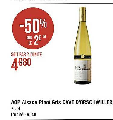 aop alsace pinot gris cave d'orschwiller -50% sur le 2e