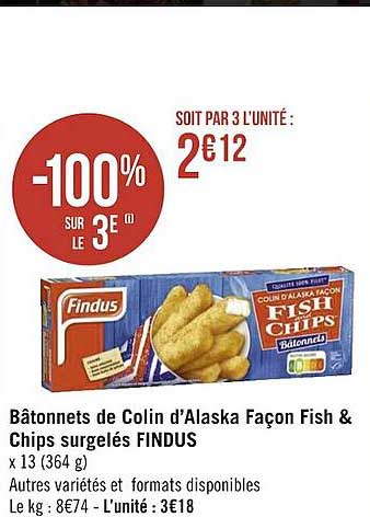 bâtonnets de colin d'alaska façon fish & chips surgelés findus