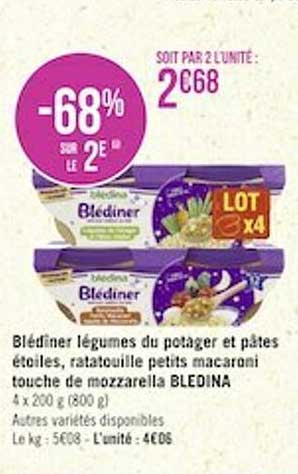 blédiner légumes du potager et pâtes étoiles ratatouillle petits macaroni touche de mozzarella bledina -68% sur le 2e