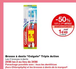 brosse à dents "colgate" triple action -50% sur le 2eme article immédiatement