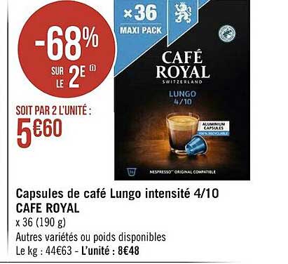 Capsules De Café Lungo Intensité 4 10 Cafe Royal -68% Sur Le 2e