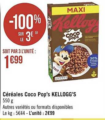 céréales coco pop's kellogg's -100% sur le 3e