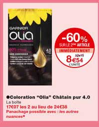 coloration "olia" châtain pur 4.0 -60% sur le 2eme article immédiatement