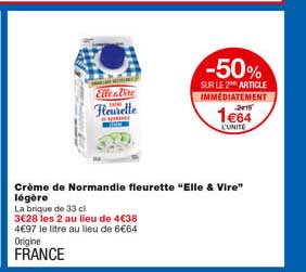 crème de normandie fleurette "elle & vire" légère -50% sur le 2eme article immédiatement