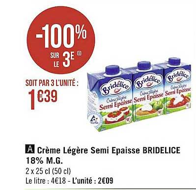 crème légère semi épaisse bridélice 18% m.g.