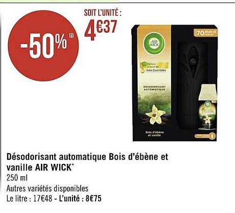 désodorisant automatique bois d'ébène et vanille air wick