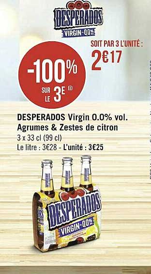 desperados virgin 0.0% vol. agrumes & zestes de citron -100% sur le 3e