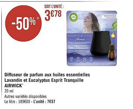 diffuseur de parfum aux huiles essentielles lavandin et eucalyptus esprit tranquille airwick