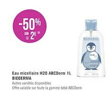 eau micellaire h2o abcderm bioderma -50% sur le 2e