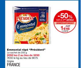 Emmental Râpé "président" -50% Sur Le 2eme Article Immédiatement