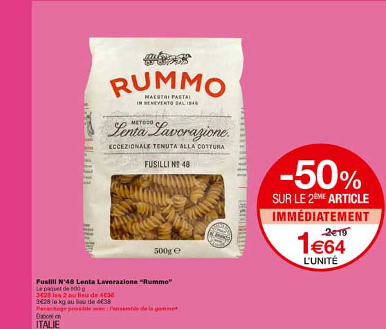 fusilli n°48 lenta lavorazione "rummo" -50% sur le 2eme article immédiatement