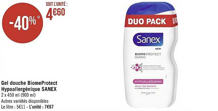 gel douche biomeProtect hypoallergénique sanex