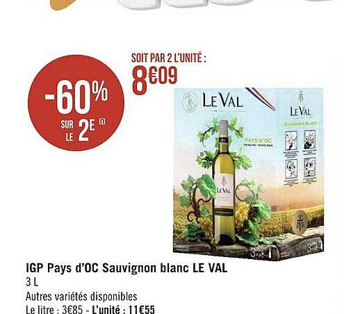 igp pays d'oc sauvignon blanc le val -60% sur le 2e