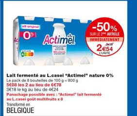 lait fermenté au l. casel "actimel" nature 0% -50% sur le 2eme article immédiatement