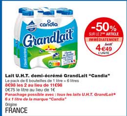 lait u.h.t. demi-écrémé grandlait "candia" -50% sur le 2eme article immédiatement