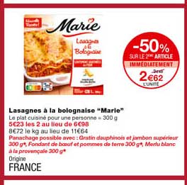 lasagnes à la bolognaise "marie" -50% sur le 2eme article immédiatement