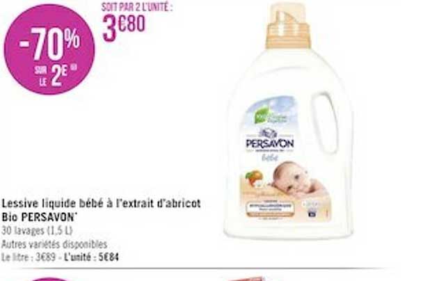 lesseive liquide bébé à l'extrait d'abricot bio persavon -70% sur le 2e