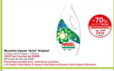 lessive liquide "ariel" original -70% sur le 2eme article immédiatement