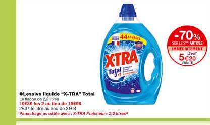 lessive liquide "x-tra" total -70% sur le 2eme article immédiatement