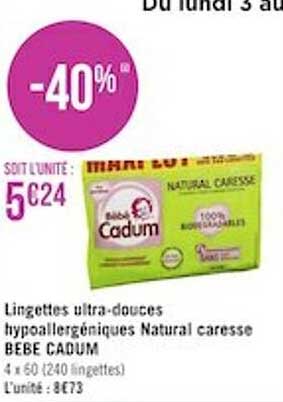 lingettes ultra-douces hypoallergéniques natural caresse bebe cadum