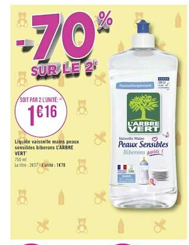 liquide vaisselle mains peaux sensibles biberons l'arbre vert -70% sur le 2e