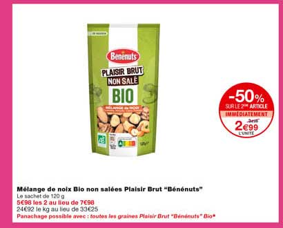 Mélange De Noix Bio Non Salées Plaisir Brut "bénénuts" -50% Sur Le 2eme Article Immédiatement