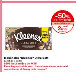 mouchoirs "kleenex" ultra soft -50% sur le 2eme article immédiatement