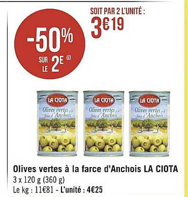 olives vertes à la farce d'anchois la ciota -50% sur le 2e