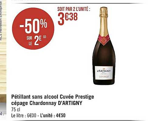 pétillant sans alcool cuvée prestige cépage chardonnay d'artigny -50% sur le 2e