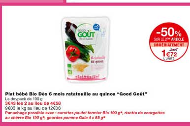 plat bébé bio dès 6 mois ratatouille au quinoa "good goût" -50% sur le 2eme article immédiatement