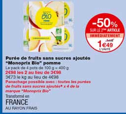 Purée De Fruits Sans Sucres Ajoutés "monoprix Bio" Pomme -50% Sur Le 2eme Article Immédiatement