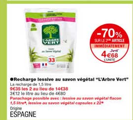 recharge lessive au savon végétal "l'arbre vert" -70% sur le 2eme article immédiatement