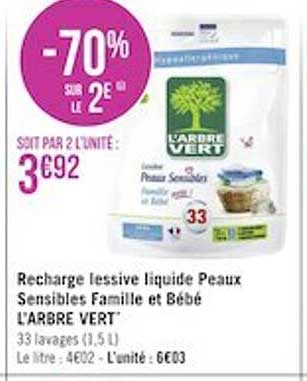 recharge lessive liquide peaux sensibles famille et bébé l'arbre vert -70% sur le 2e