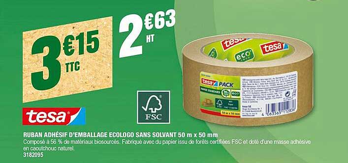 ruban adhésif d'emballage ecologo sans solvant 50 m x 50 mm tesa