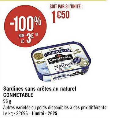 sardines sans arêtes au naturel connetable -100% sur le 3e