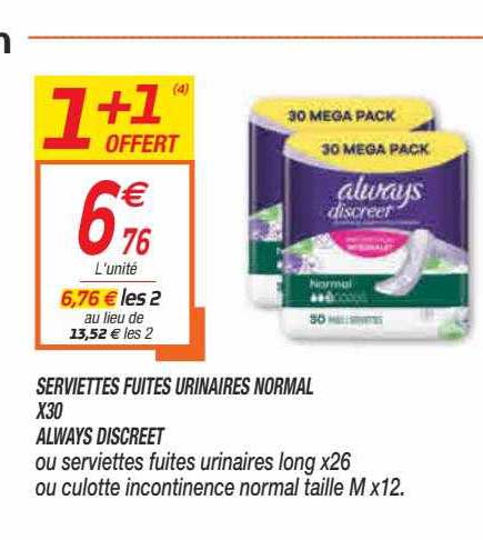 serviettes fuites urinaires normal x30 always discreet