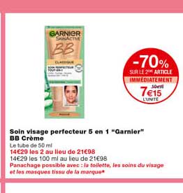 soin visage perfecteur 5 en 1 "garnier" bb crème -70% sur le 2eme article immédiatement