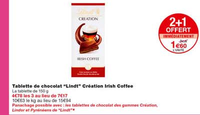 tablette de chocolat "lindt" création irish coffee 2+1 offert immédiatement