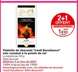 tablette de chocolat "lindt excellence" noir caramel à la pointe de sel 2+1 offert immédiatement