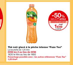 thé noir glacé à la pêche intense "fuze tea" -50% sur le 2eme article immédiatement