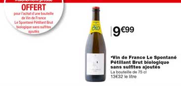 vin de france la spontané pétillant brut biologique sans sulfites ajoutés