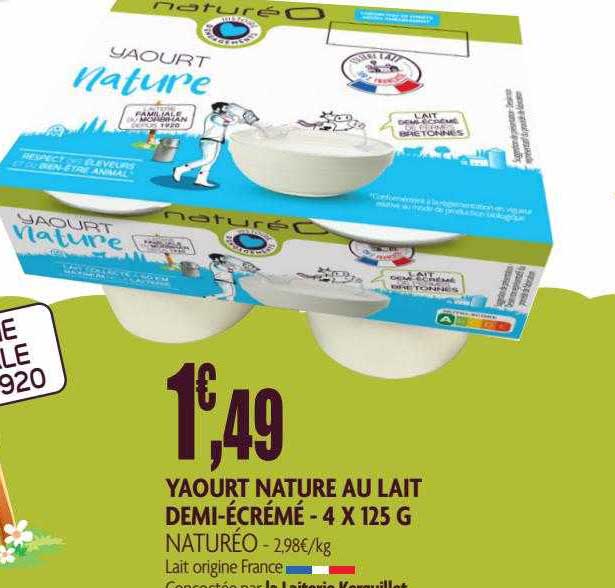 yaourt nature au lait demi-écrémé - 4 x 125 g naturéo
